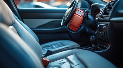 Modern Car Interior with Leather Seats and Steering Wheel Close-Up, Showcasing a Simplistic Design and Comfortable Driving Experience for Auto Enthusiasts