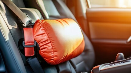 Comfortable orange cushion on a car seat, providing ergonomic support and enhancing driving comfort, perfect for long journeys or daily commutes.