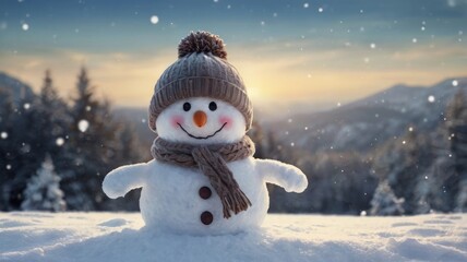 Funny snowman in the winter forest