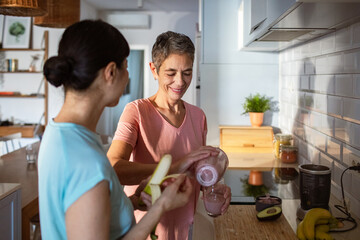 Lesbian couple making healthy organic smoothie together in modern kitchen