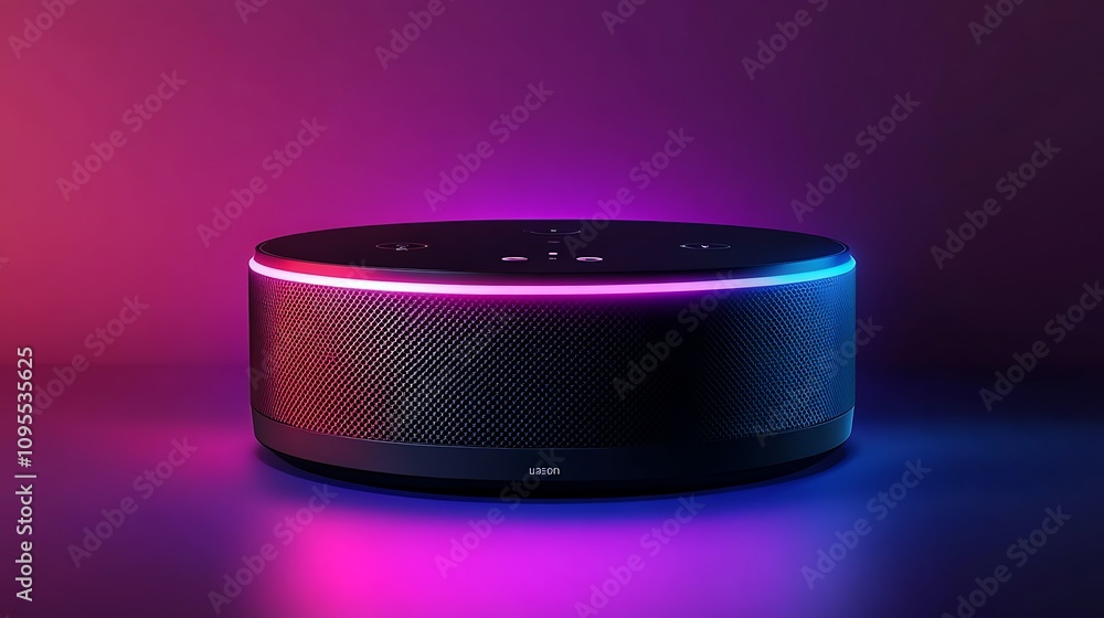 Poster a modern smart speaker with colorful lighting, designed for home audio and smart functionality.