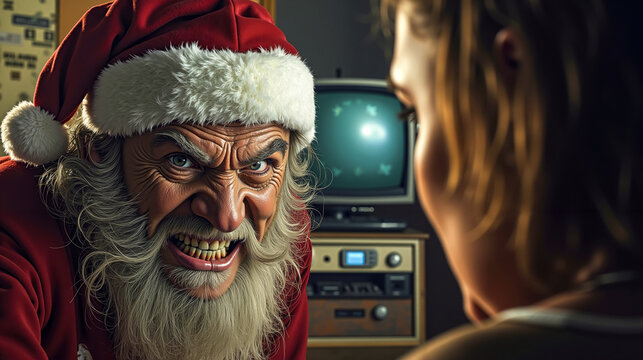 A man in a santa claus hat talking to a little girl