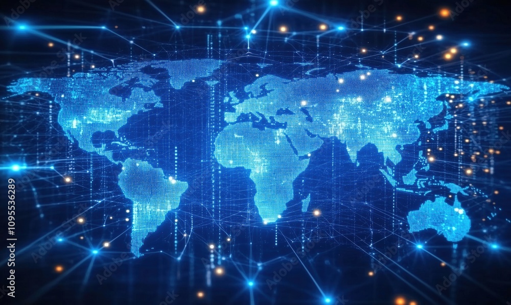 Poster digital world map with glowing connections and data points, representing global networking and techn