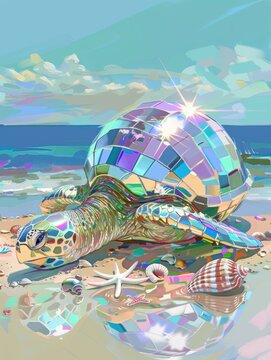 A sea turtle with a disco ball shell on a sandy beach. AI.