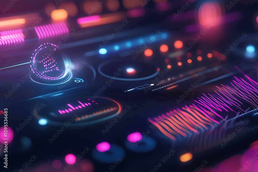 Poster abstract digital interface with colorful graphics and data visualizations.