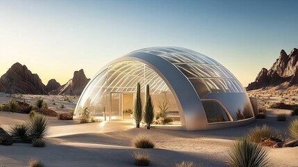 Obraz premium Futuristic dome home desert landscape sunrise.