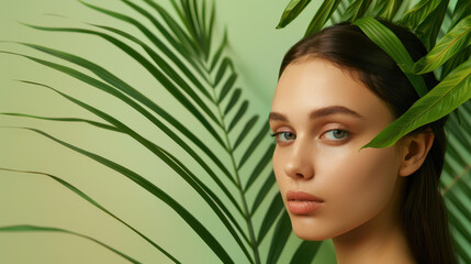 Naklejka premium A stunning young woman radiates beauty and health, showcasing natural glow and flawless skin with minimal cosmetic touch.