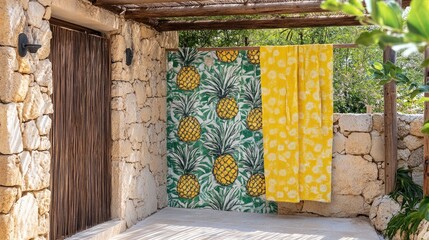 Vibrant Outdoor Bathroom Setting with Pineapple and Lemon Towels, Rustic Stone Walls, and Greenery for a Tropical Ambience in a Relaxing Retreat