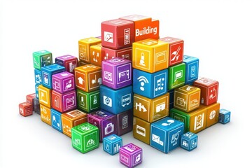A vibrant arrangement of building blocks showcasing various symbols related to technology, communication, and development. The blocks are stacked in a creative manner to depict growth and innovation.