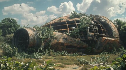 A crashed spacecraft overgrown with vegetation. AI.