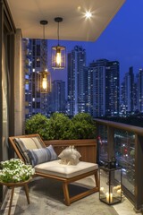 Fototapeta premium A cozy balcony with city lights in the background. AI.