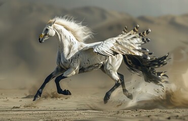 Fototapeta premium A mythical creature with wings and a horse's body runs through the sand. AI.