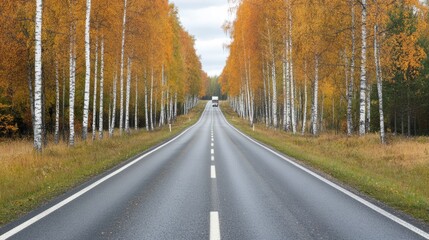 Fototapeta premium Scenic Autumn Road Surrounded by Vibrant Golden Birches in a Serene Landscape Under a Cloudy Sky, Perfect for Nature Lovers and Travel Enthusiasts