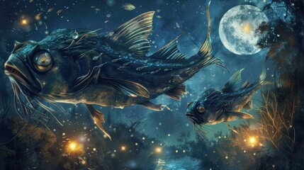 Two fish swim through a night sky filled with stars and fireflies. AI.