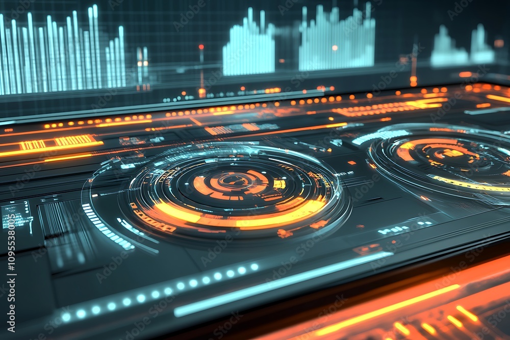 Poster futuristic interface with glowing elements and data visualizations.
