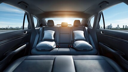 Fototapeta premium Spacious and Modern Car Interior with Luxurious Leather Seats and Sunlit City Skyline in the Background, Perfect for Travel and Comfort Advertisement
