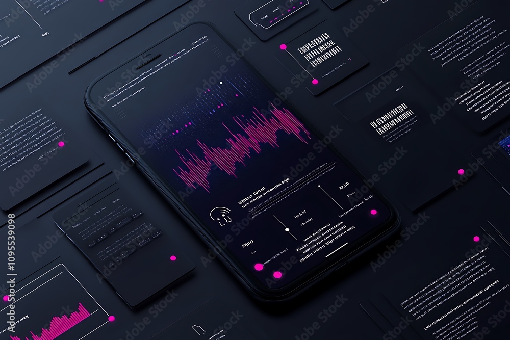 Aufkleber a smartphone displaying audio waveforms and related data on a dark background.