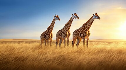 Obraz premium Exotic safari scene with wild animals in golden savanna, tall grass, deep blue sky, warm afternoon tones, ideal for African safari ads