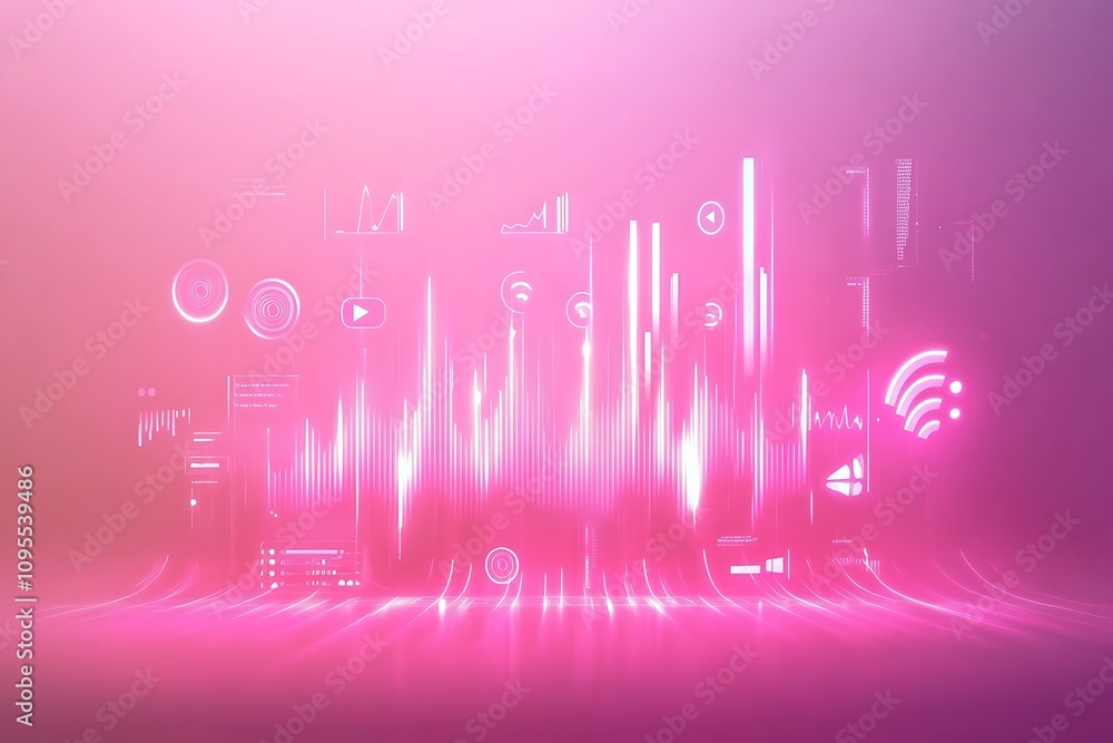 Aufkleber abstract digital visualization of sound waves and data metrics in vibrant pink hues.