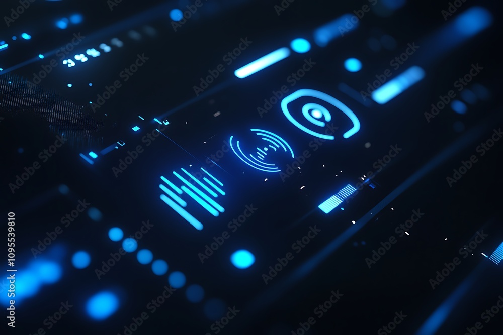 Poster a futuristic digital interface with glowing blue elements and abstract data visualizations.