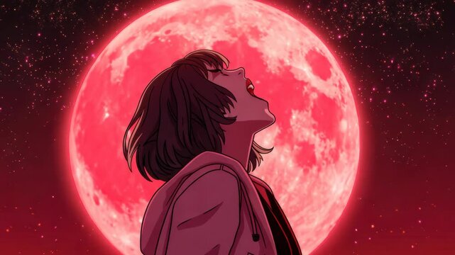 Fearinducing D illustration of a female vampire under a blood moon, screaming in a sea of dark crimson waves.