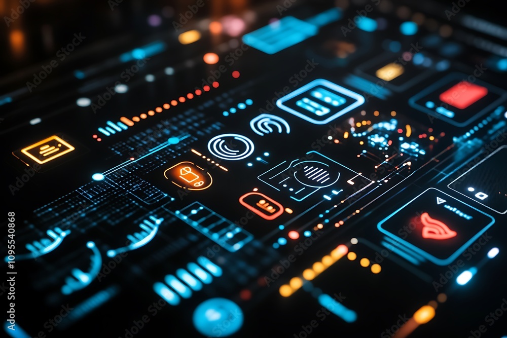 Poster futuristic digital interface with vibrant data visualizations and interactive elements.