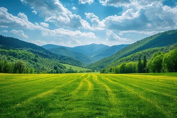 Naklejka premium Beautiful view of alpine meadows. Creative collage. Beauty world.