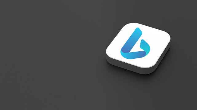 3D-rendered icon of the Microsoft Bing app logo, featuring a sleek, minimalistic design. The logo appears on a dark gray background within a white square with rounded corners.