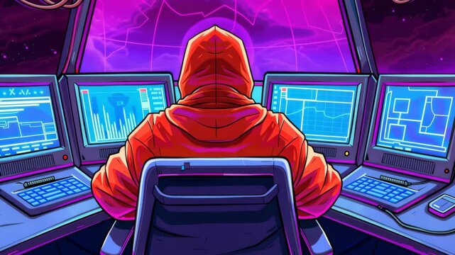 Intense scene Hooded hacker infiltrates government servers, unleashes virus. Dark hideout with tech, cables.