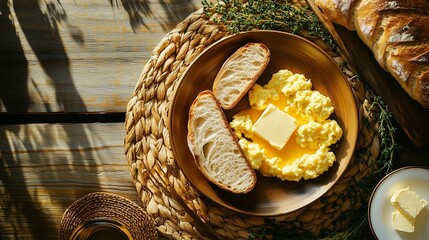 Freshly baked baguettes with scrambled eggs and butter on rustic plates