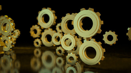 The Gold gear in Black Background  for technology or Abstract  concept 3d rendering..