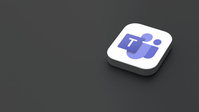 3D-rendered icon of the Microsoft Teams app logo, featuring a sleek, minimalistic design. The logo appears on a dark gray background within a white square with rounded corners.