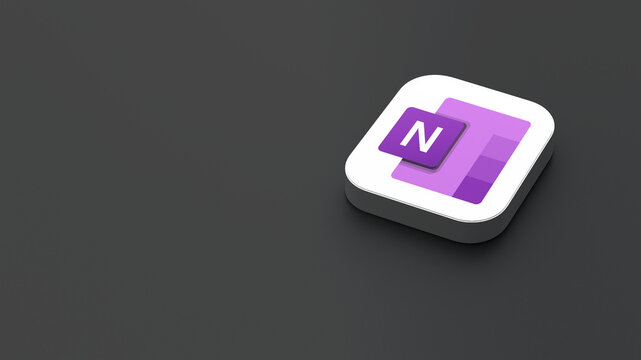 3D-rendered icon of the Microsoft Office OneNote app logo, featuring a sleek, minimalistic design. The logo appears on a dark gray background within a white square with rounded corners.
