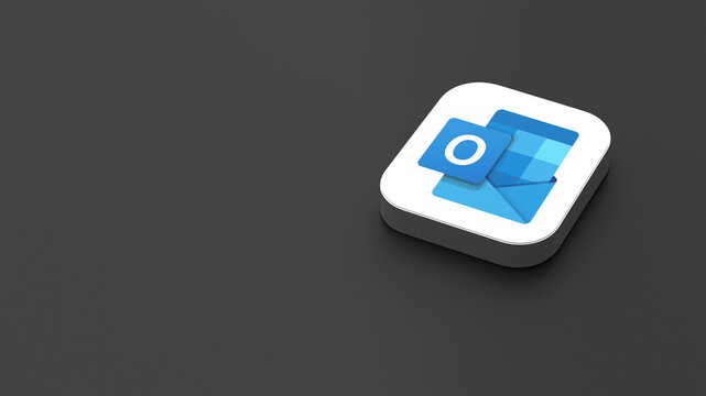 3D-rendered icon of the Microsoft Outlook app logo, featuring a sleek, minimalistic design. The logo appears on a dark gray background within a white square with rounded corners.