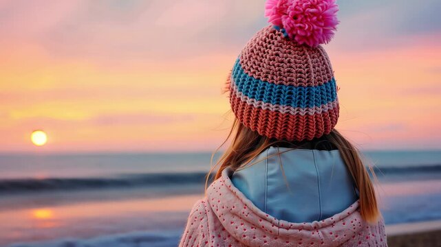 Child girl in pompon hat gazes at sunset sea on beach.