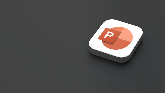 3D-rendered icon of the Microsoft PowerPoint app logo, featuring a sleek, minimalistic design. The logo appears on a dark gray background within a white square with rounded corners.
