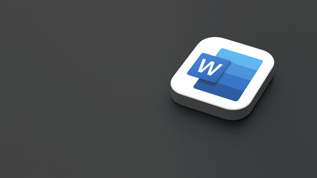 3D-rendered icon of the Microsoft Word app logo, featuring a sleek, minimalistic design. The logo appears on a dark gray background within a white square with rounded corners.