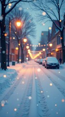 Snowy urban street with falling snowflakes and warm glow of street lamps in winter