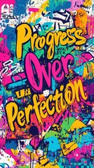 Obraz premium A striking mural features bold lettering that conveys the message of progress over perfection. The background showcases a lively mix of colors and abstract patterns, enhancing the urban vibe.
