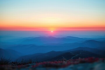Fototapeta premium Blurred mountain sunset wallpaper with abstract sunrise background.