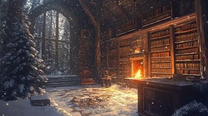 A cozy library scene with a fireplace, snow outside, and shelves filled with books.
