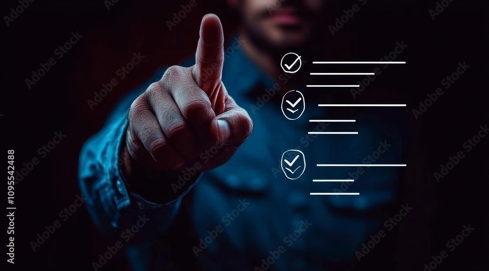 Poster quality control checklist approvals with hand gesture and checkmark symbol for business project mana