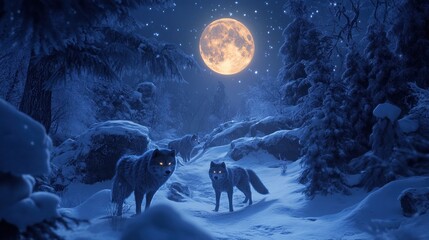 Two wolves in a snowy landscape under a full moon, creating a serene, mystical atmosphere.