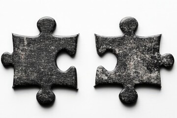 Fototapeta premium Two worn, black puzzle pieces are shown closely together, symbolizing the concept of connection, completion, and the challenge of fitting pieces into a whole.