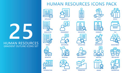 HR-human resources gradient outline icons set. contain goal, applicant, training, motivation, employee, award and more. Vector EPS 10 for print, digital UI, UX kit, web and app for office management.