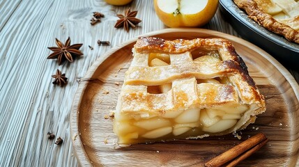 Slice of apple pie with golden lattice crust, cinnamon, and star anise