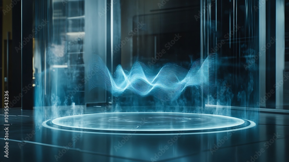 Poster a futuristic holographic display emitting wave patterns in a high-tech environment.