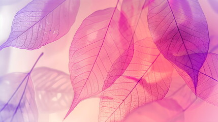 Obraz premium Neon natural background with transparent leaf skeletons. Pink macro leaves background texture. Eco banner