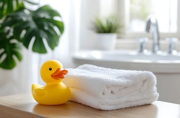 Bright Bathroom with Towel and Rubber Duck on Wooden Surface
