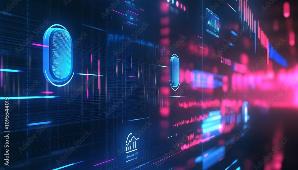 Poster abstract digital interface with glowing elements representing data visualization.